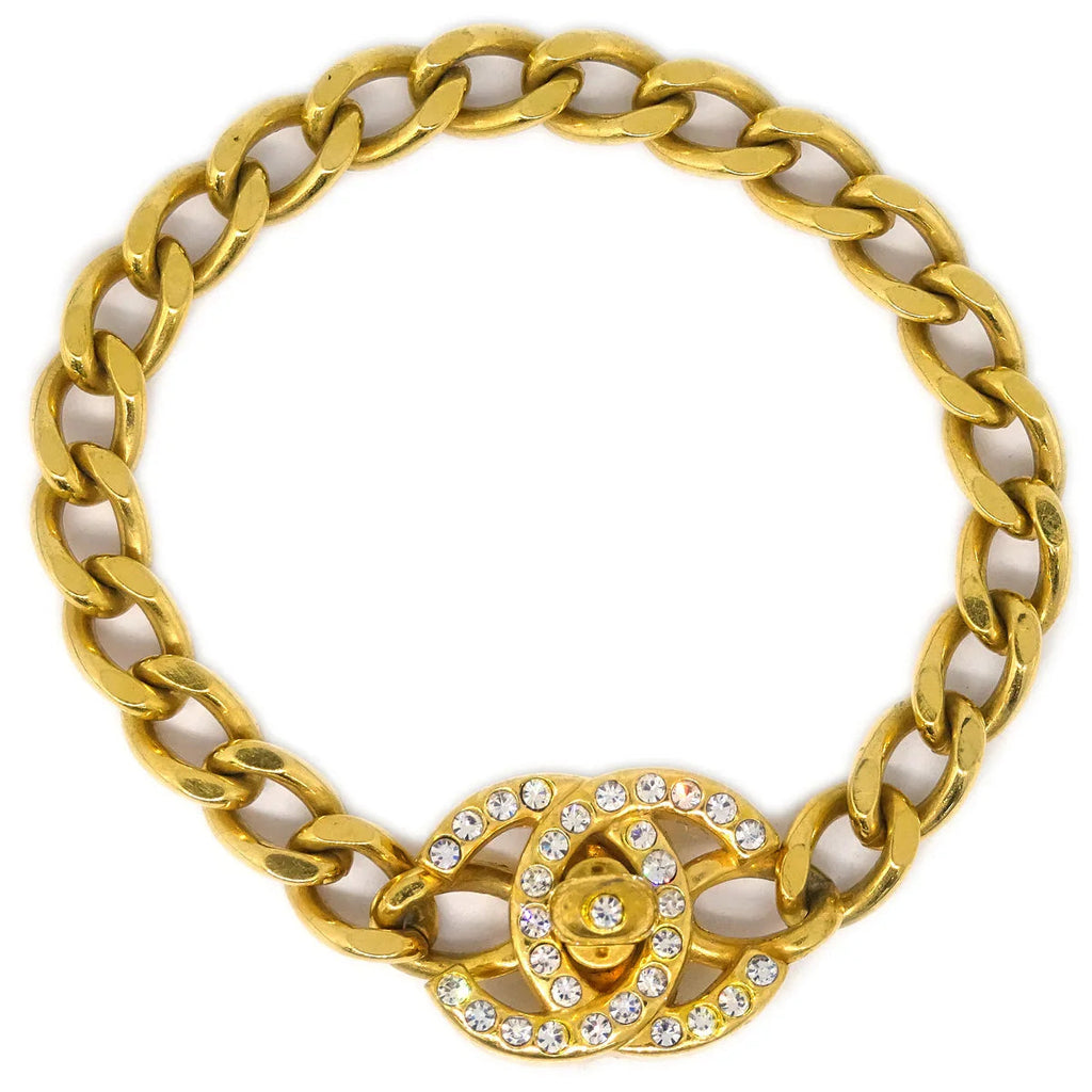 Chanel Turnlock Rhinestone Gold Chain Bracelet 96A