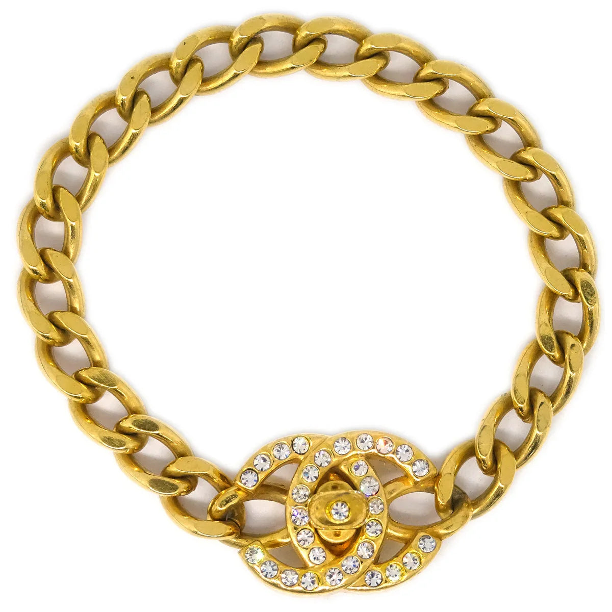 Chanel Turnlock Rhinestone Gold Chain Bracelet 96A