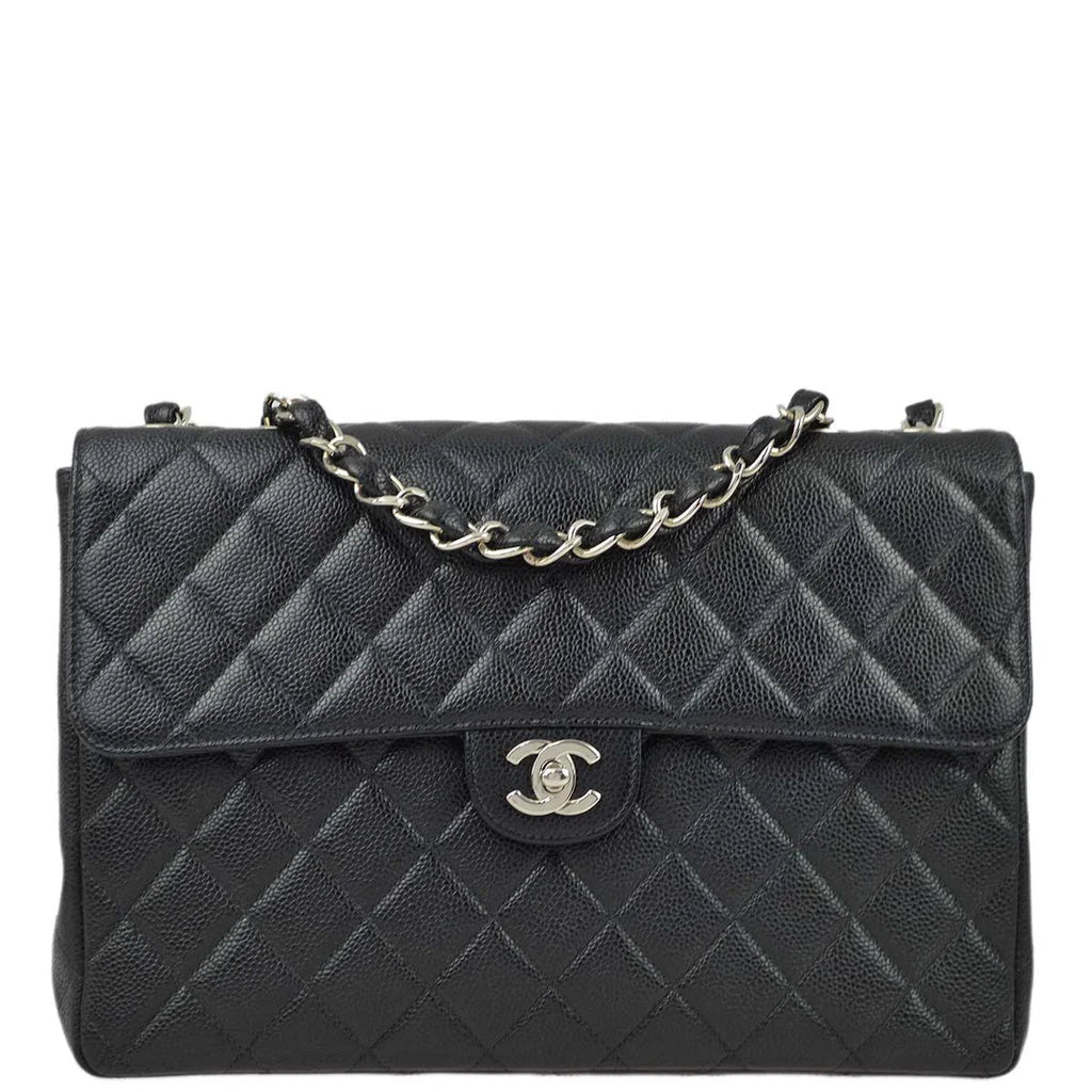 Chanel 2000-2001 Black Caviar Jumbo Classic Flap Shoulder Bag