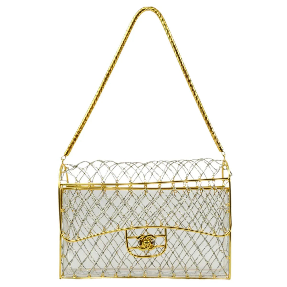 Chanel * Clear Cage Bag in Lucite with Beading, Gold Tone Frame and Chain Strap