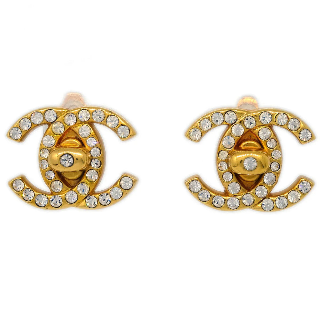 Chanel Gold CC Turnlock Earrings Rhinestone Clip-On 96A