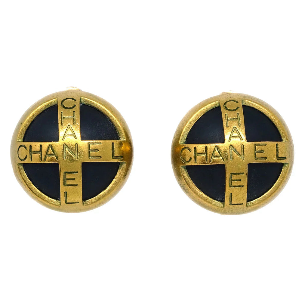 Chanel Button Earrings Clip-On Black Gold 94A