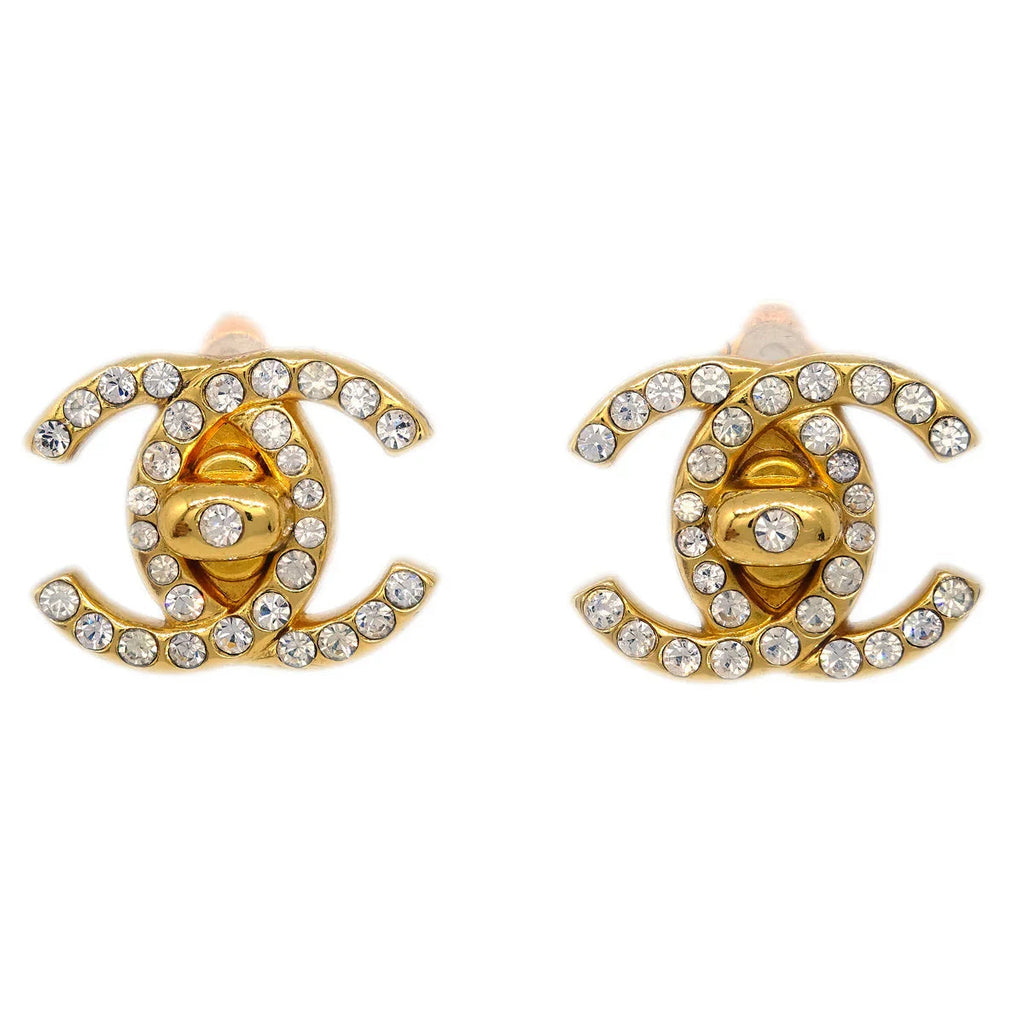 Chanel Gold CC Turnlock Earrings Rhinestone Clip-On 96A