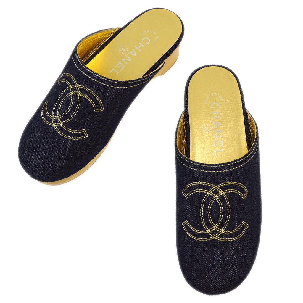 Chanel Navy Denim Sabot Sandals Shoes #35