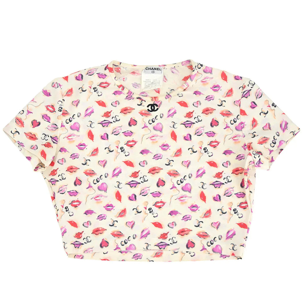 Chanel Lips Print  Cropped T-shirt Ivory P95 #42