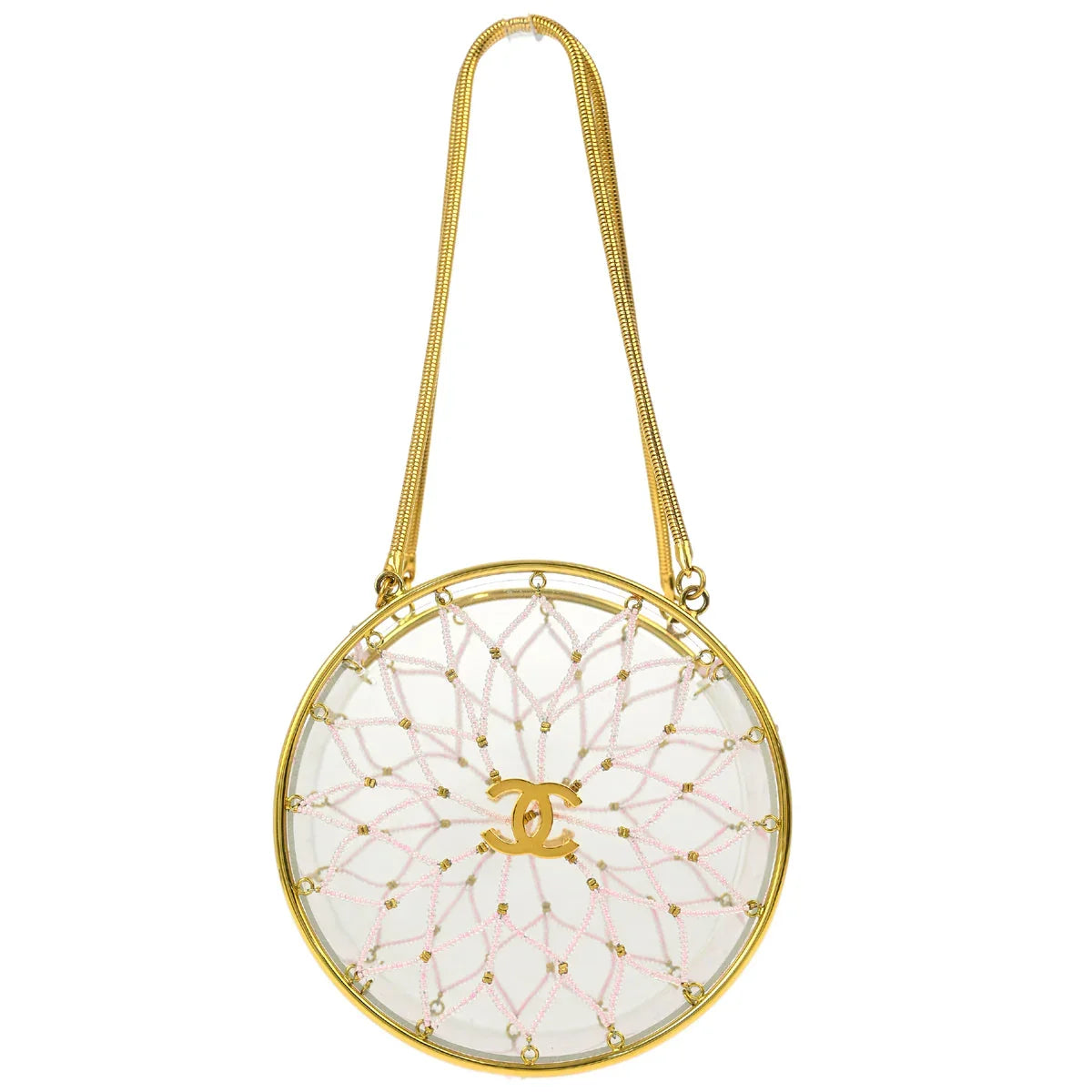 Chanel * 1990s Minaudiere Dreamcatcher Beaded Gold Transparent Round Circle Bag