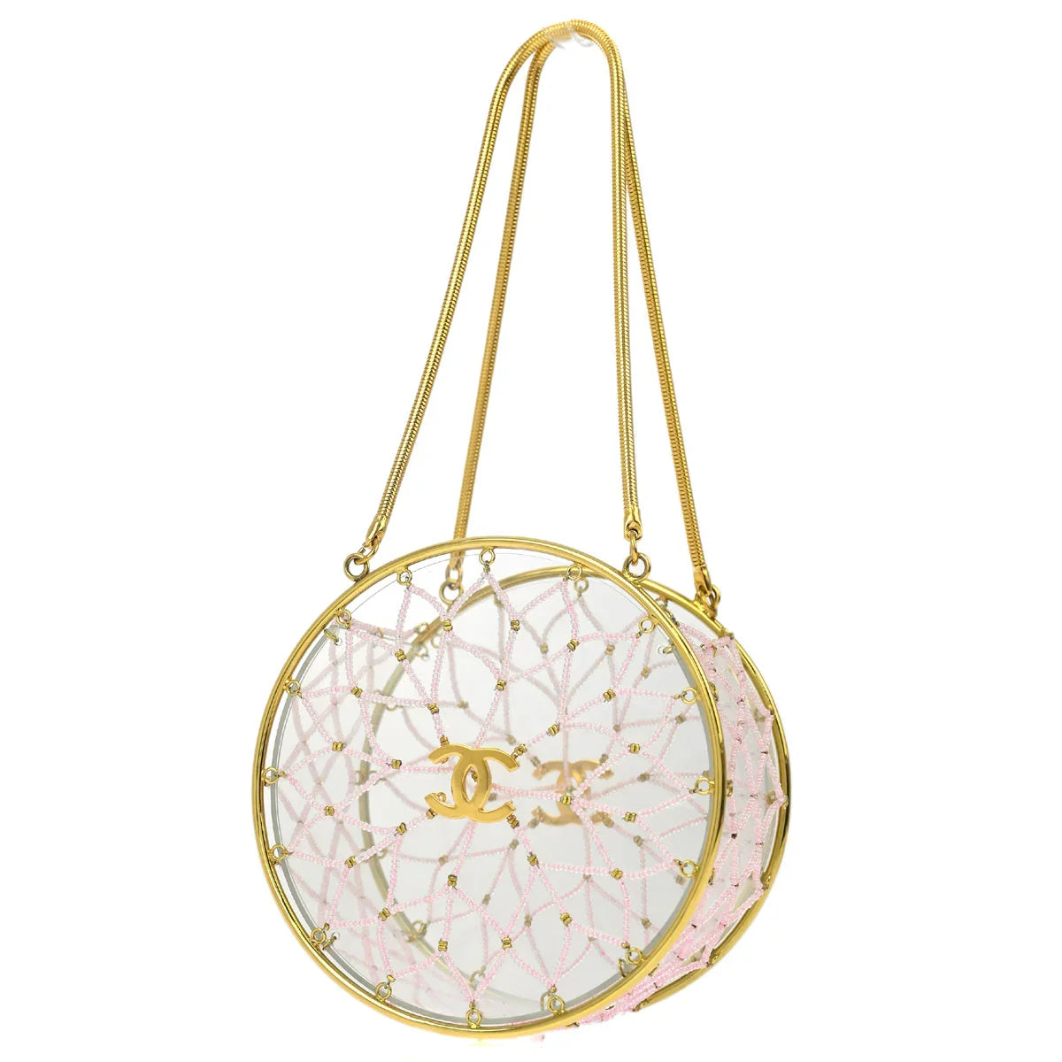 Chanel * 1990s Minaudiere Dreamcatcher Beaded Gold Transparent Round Circle Bag