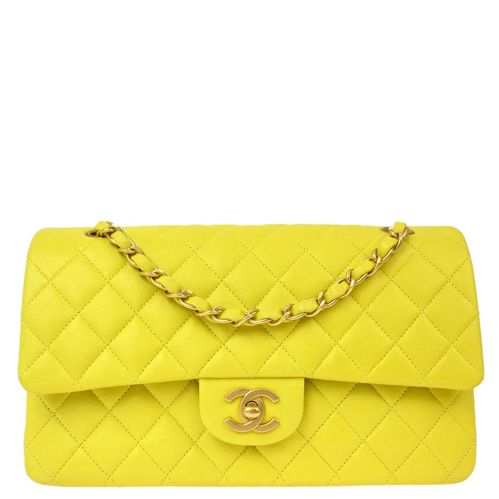 Chanel * 2000-2002 Yellow Lambskin Medium Classic Double Flap Shoulder Bag