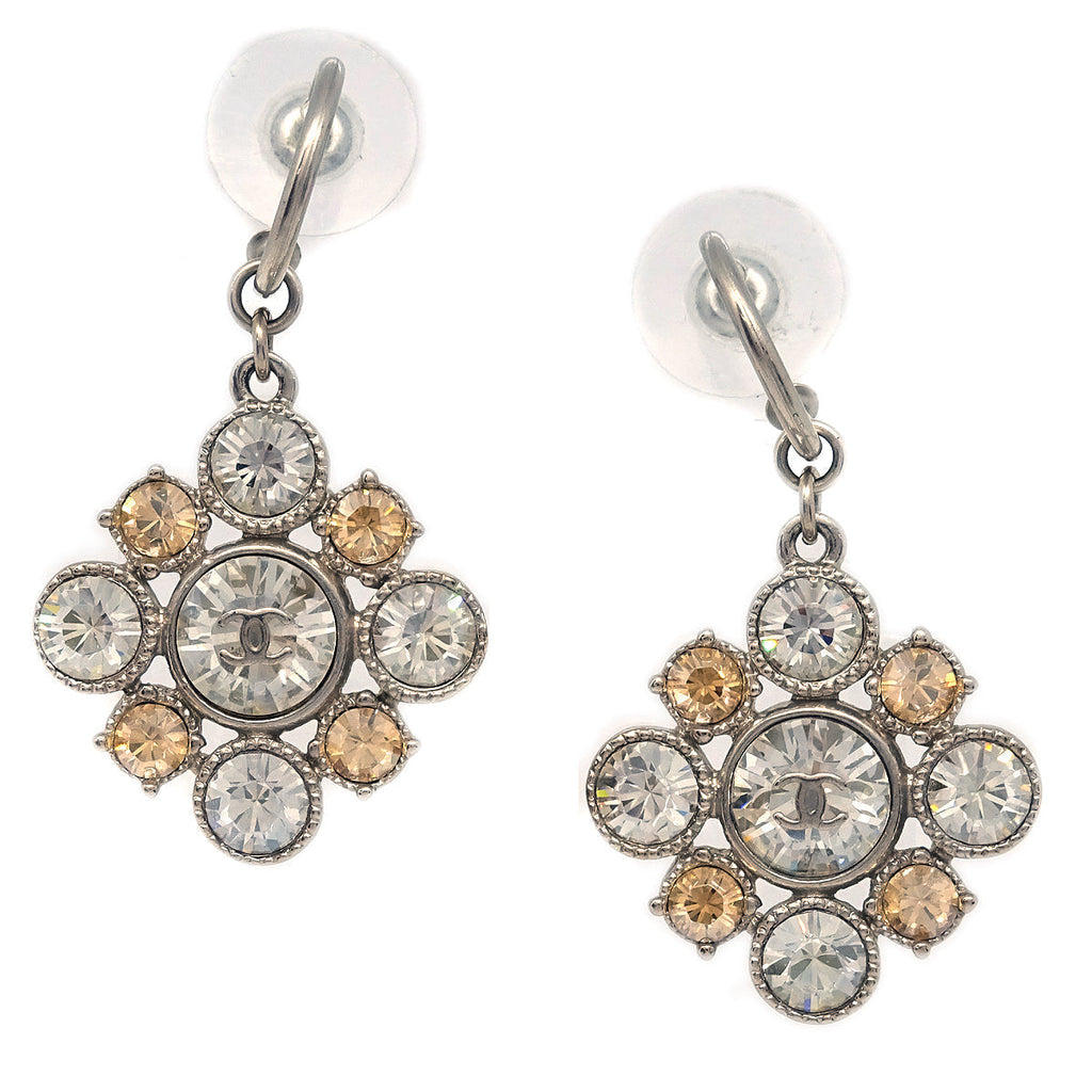 Chanel Dangle Pierced Earrings Rhinestone Silver A12V