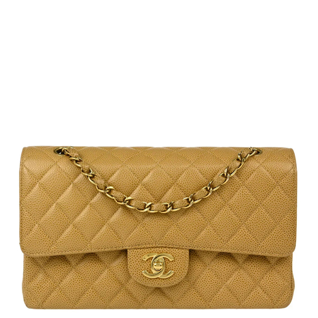 Chanel 2002-2003 Beige Caviar Medium Classic Double Flap Shoulder Bag