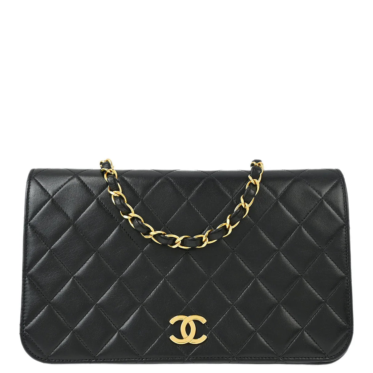 Chanel 1996-1997 Black Lambskin Pushlock Small Full Flap Shoulder Bag