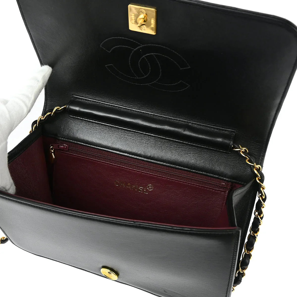 Chanel 1996-1997 Black Lambskin Pushlock Small Full Flap Shoulder Bag