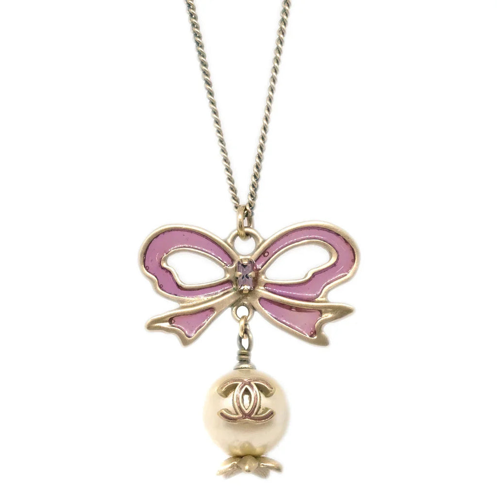 Chanel Chain Pendant Necklace Artificial Pearl Bow Gold 05A