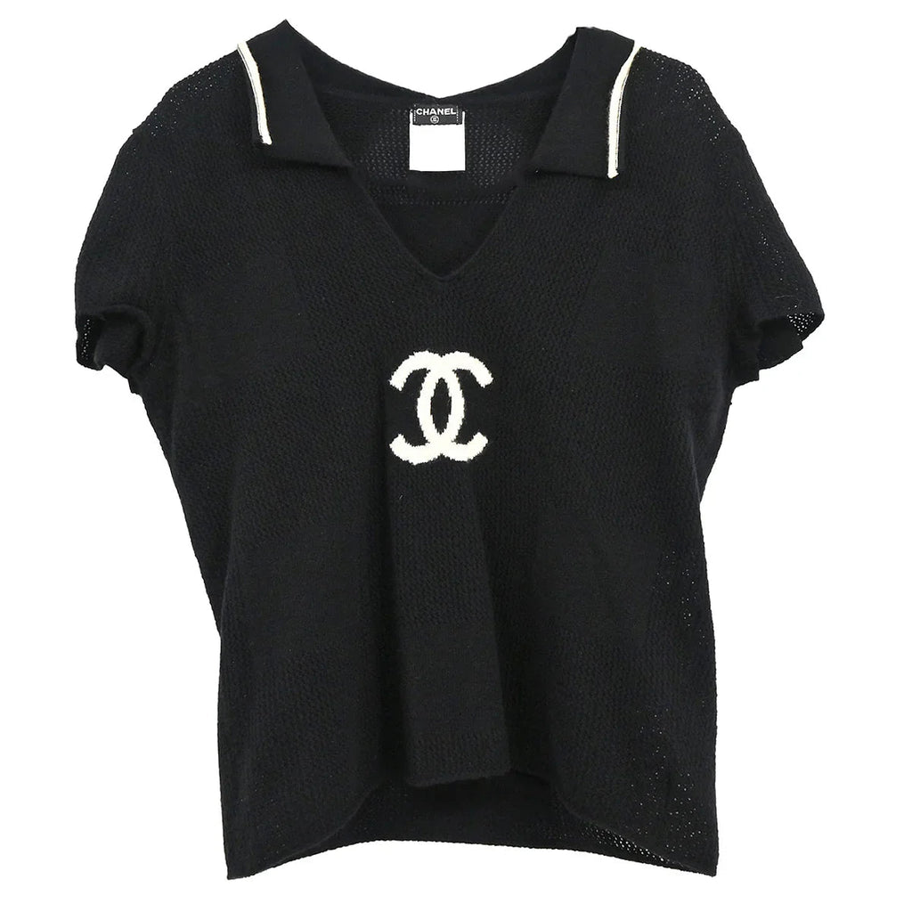 Chanel 2001 Short Sleeve Sweater Knit Top Black #40