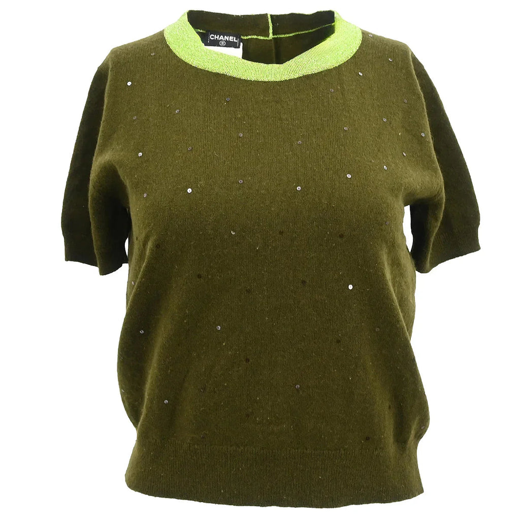Chanel 1996 Short Sleeve Cashmere Sweater Khaki #44