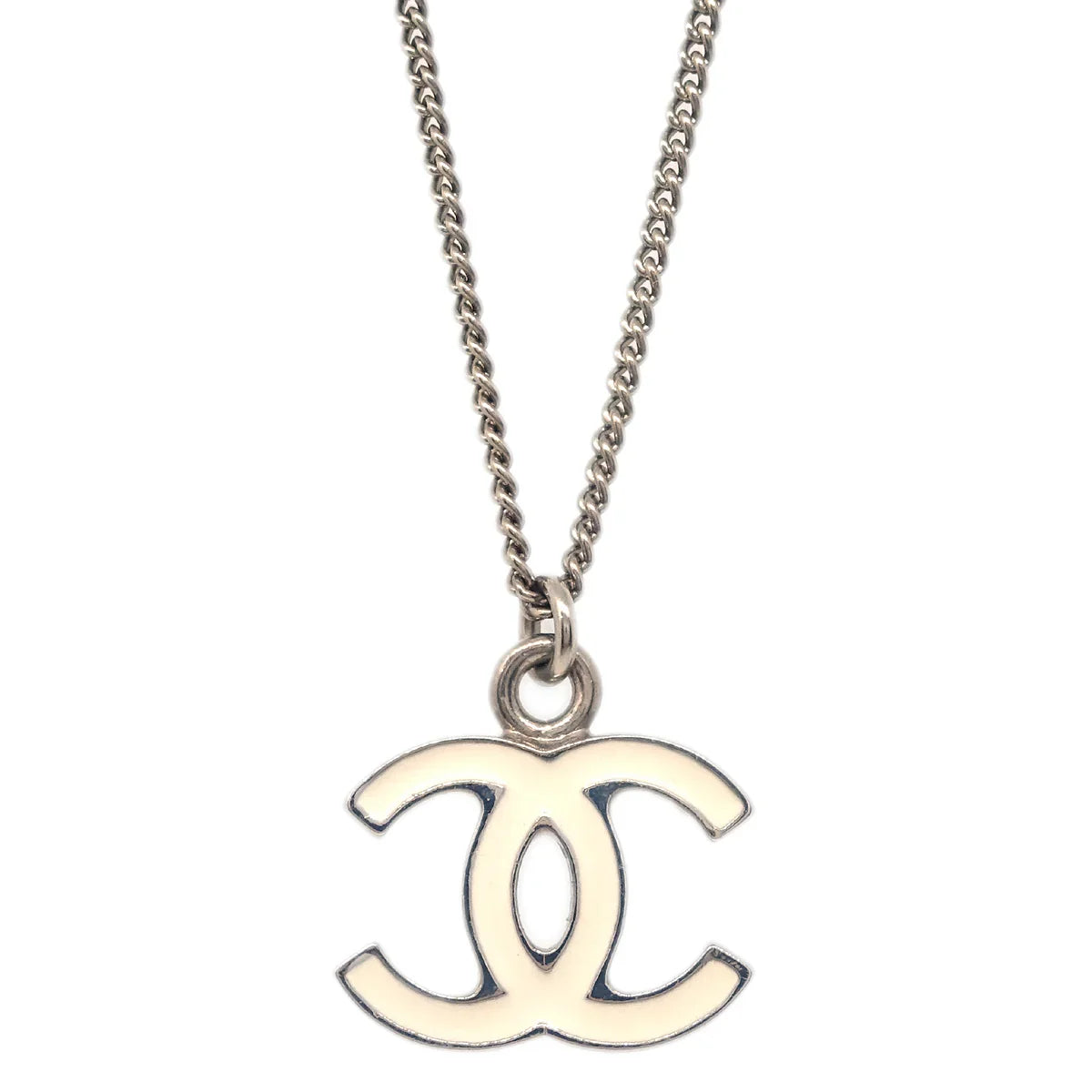 Chanel CC Chain Necklace Silver White 08V