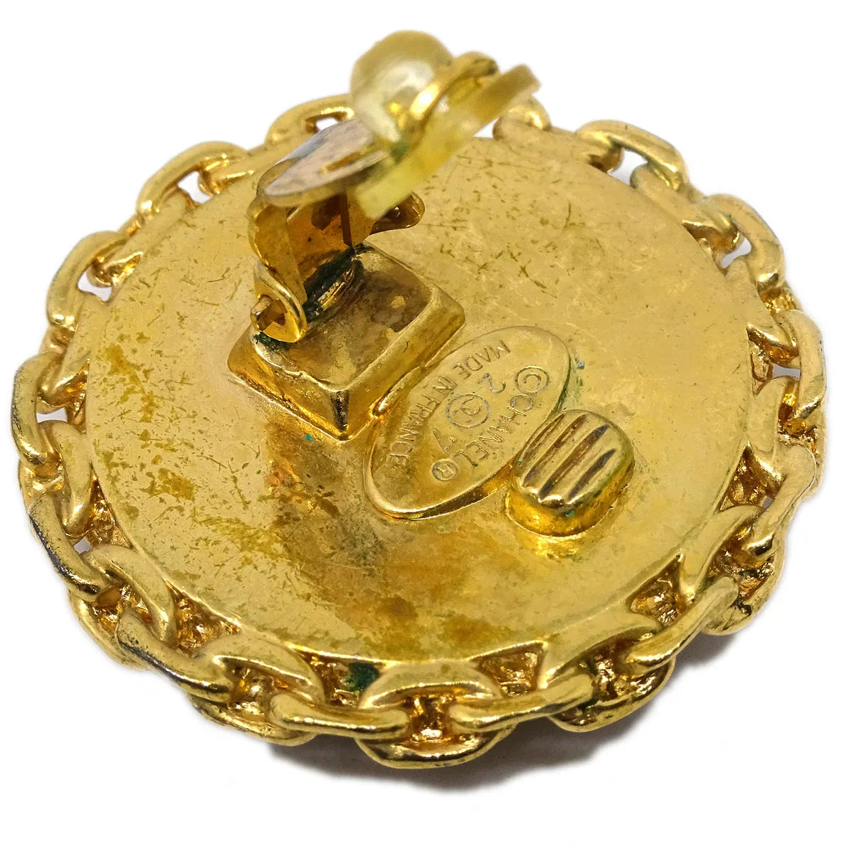 Chanel Button Earrings Clip-On Black Gold 27