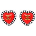 Chanel Heart Rhinestone Earrings Clip-On Red 95P