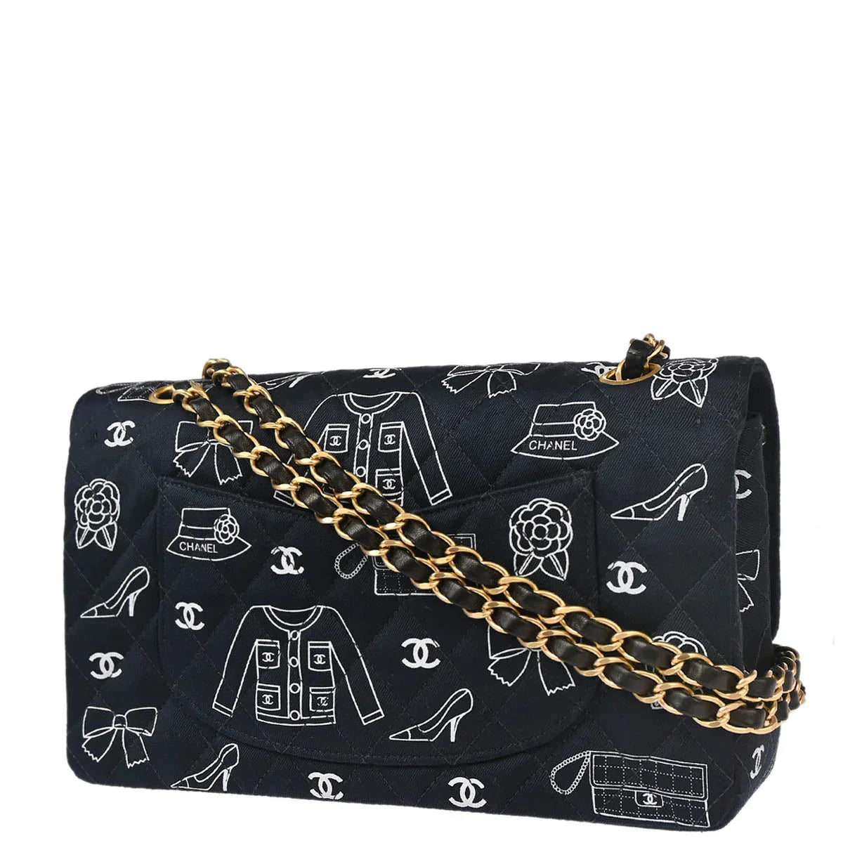 Chanel 2001-2003 Black Canvas Medium Classic Double Flap Shoulder Bag
