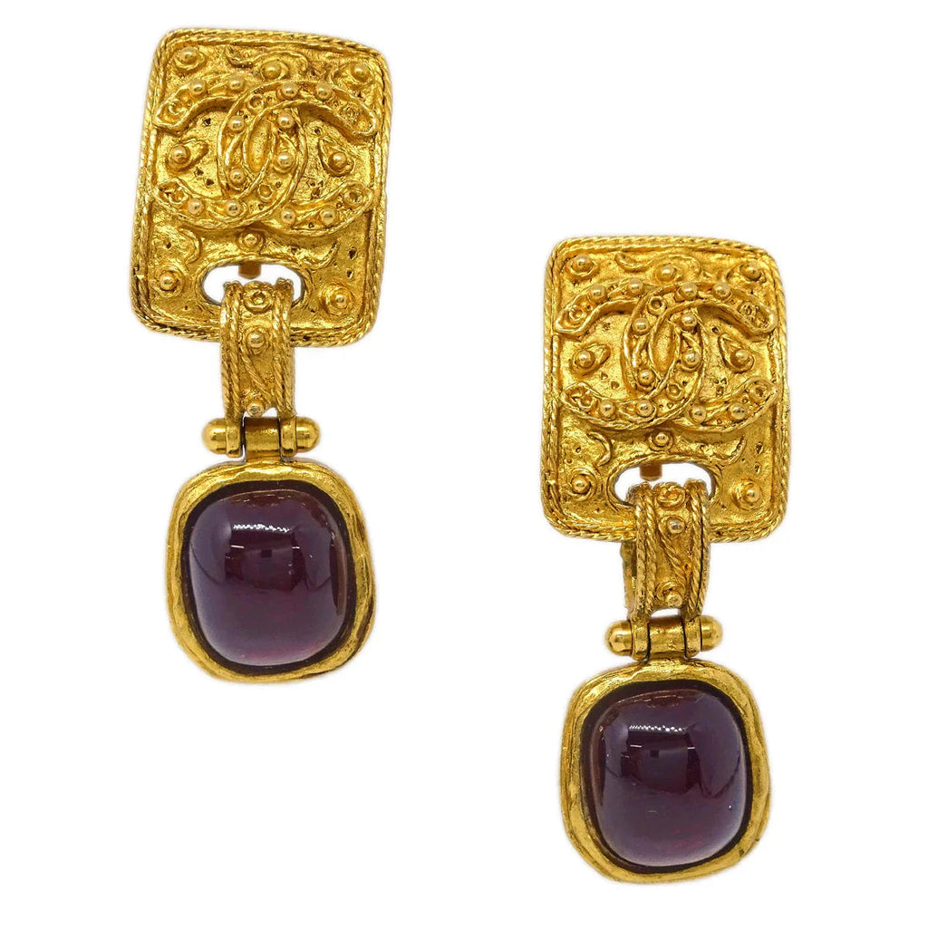 Chanel Gripoix Dangle Earrings Clip-On Gold 94A