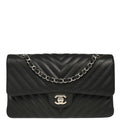 Chanel 2017-2018 Black Caviar Chevron Medium Classic Double Flap Shoulder Bag