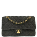 Chanel 1997-1999 Black Denim Medium Classic Double Flap Shoulder Bag