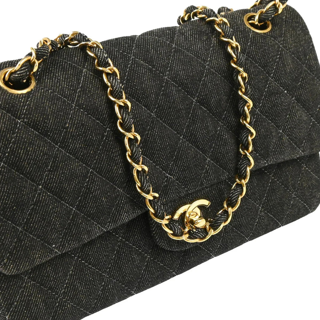 Chanel 1997-1999 Black Denim Medium Classic Double Flap Shoulder Bag