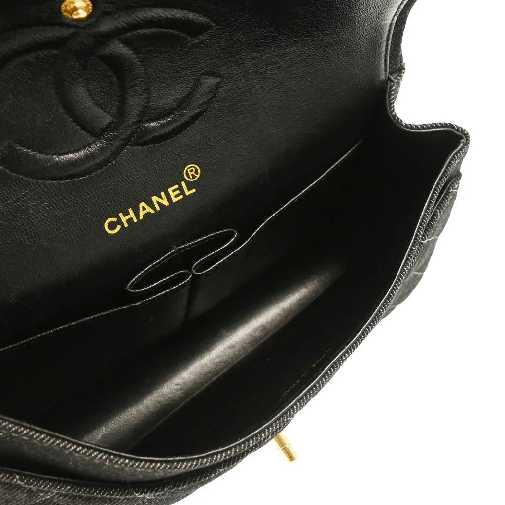 Chanel 1997-1999 Black Denim Medium Classic Double Flap Shoulder Bag
