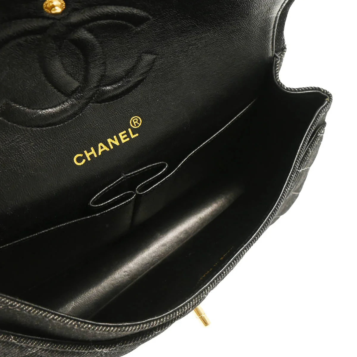 Chanel 1997-1999 Black Denim Medium Classic Double Flap Shoulder Bag