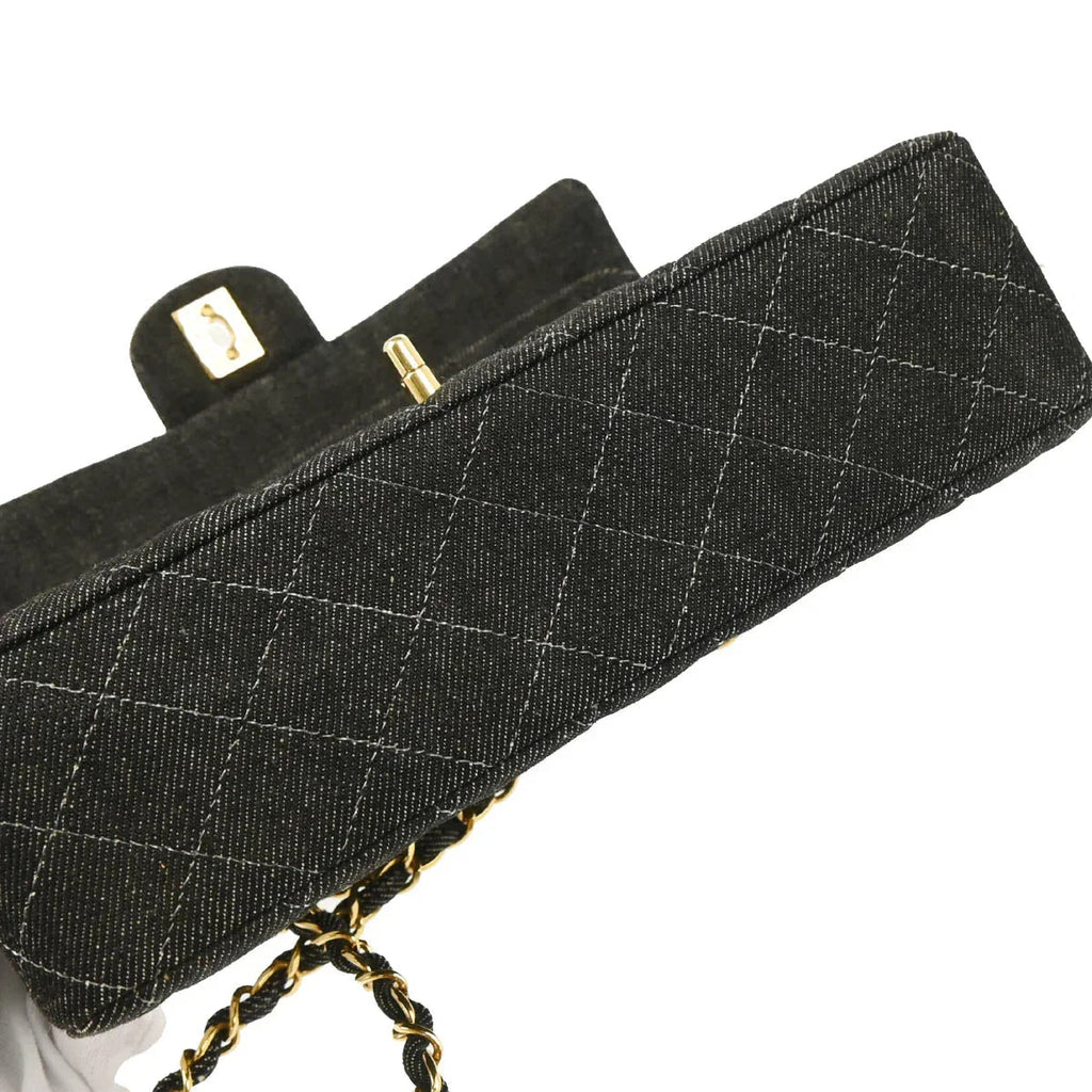 Chanel 1997-1999 Black Denim Medium Classic Double Flap Shoulder Bag