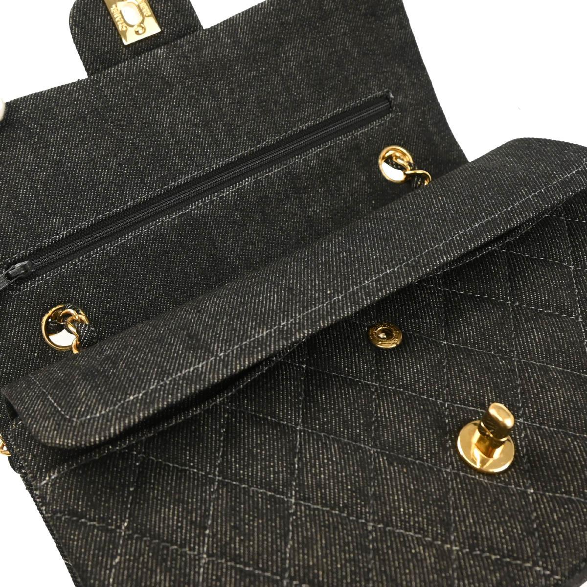 Chanel 1997-1999 Black Denim Medium Classic Double Flap Shoulder Bag
