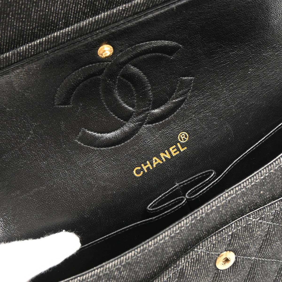 Chanel 1997-1999 Black Denim Medium Classic Double Flap Shoulder Bag