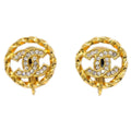 Chanel Gold Button Earrings Clip-On Rhinestone 2137