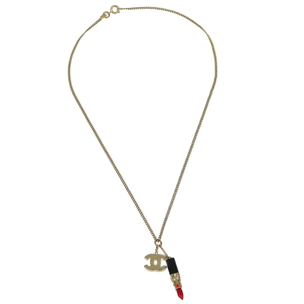 Chanel Lipstick Gold Pendant Necklace Rhinestone 04A