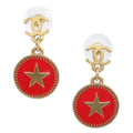 Chanel Button Star Dangle Piercing Earrings Gold Red 01P