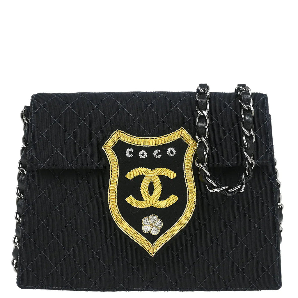 Chanel 2004-2005 Black Canvas Emblem Shoulder Bag