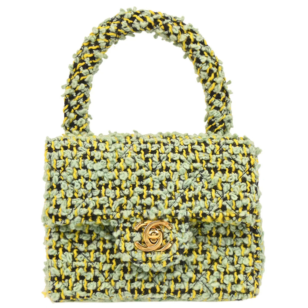 Chanel 1991-1994 Light Green Tweed Micro Classic Flap Handbag