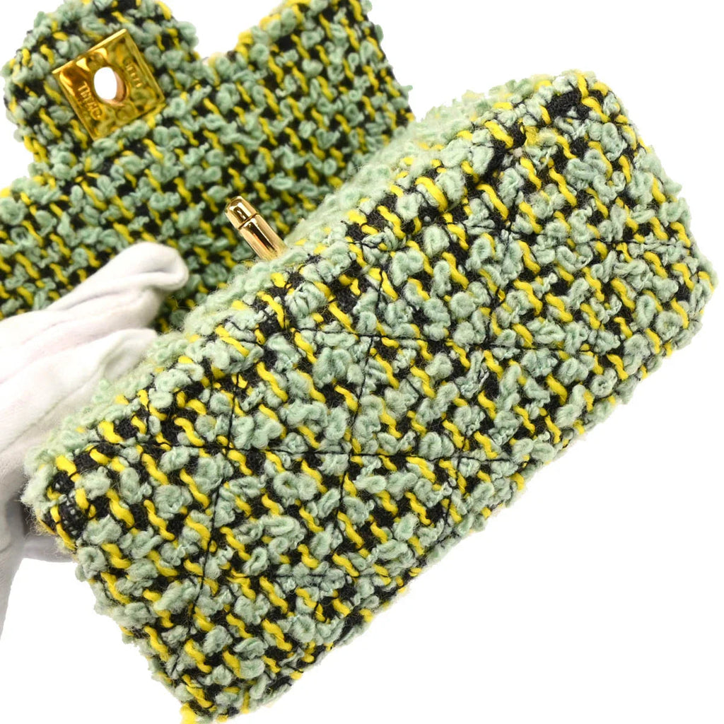 Chanel 1991-1994 Light Green Tweed Micro Classic Flap Handbag