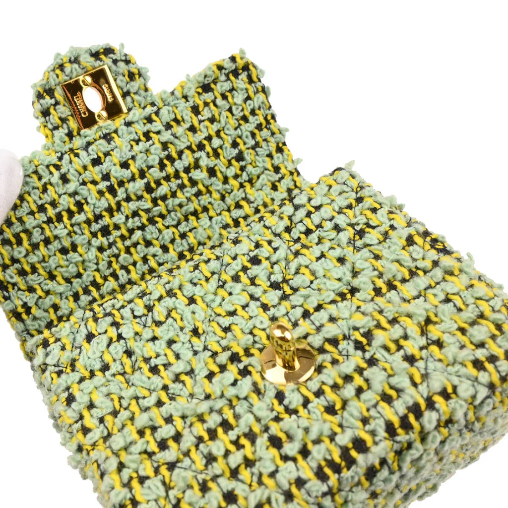 Chanel 1991-1994 Light Green Tweed Micro Classic Flap Handbag