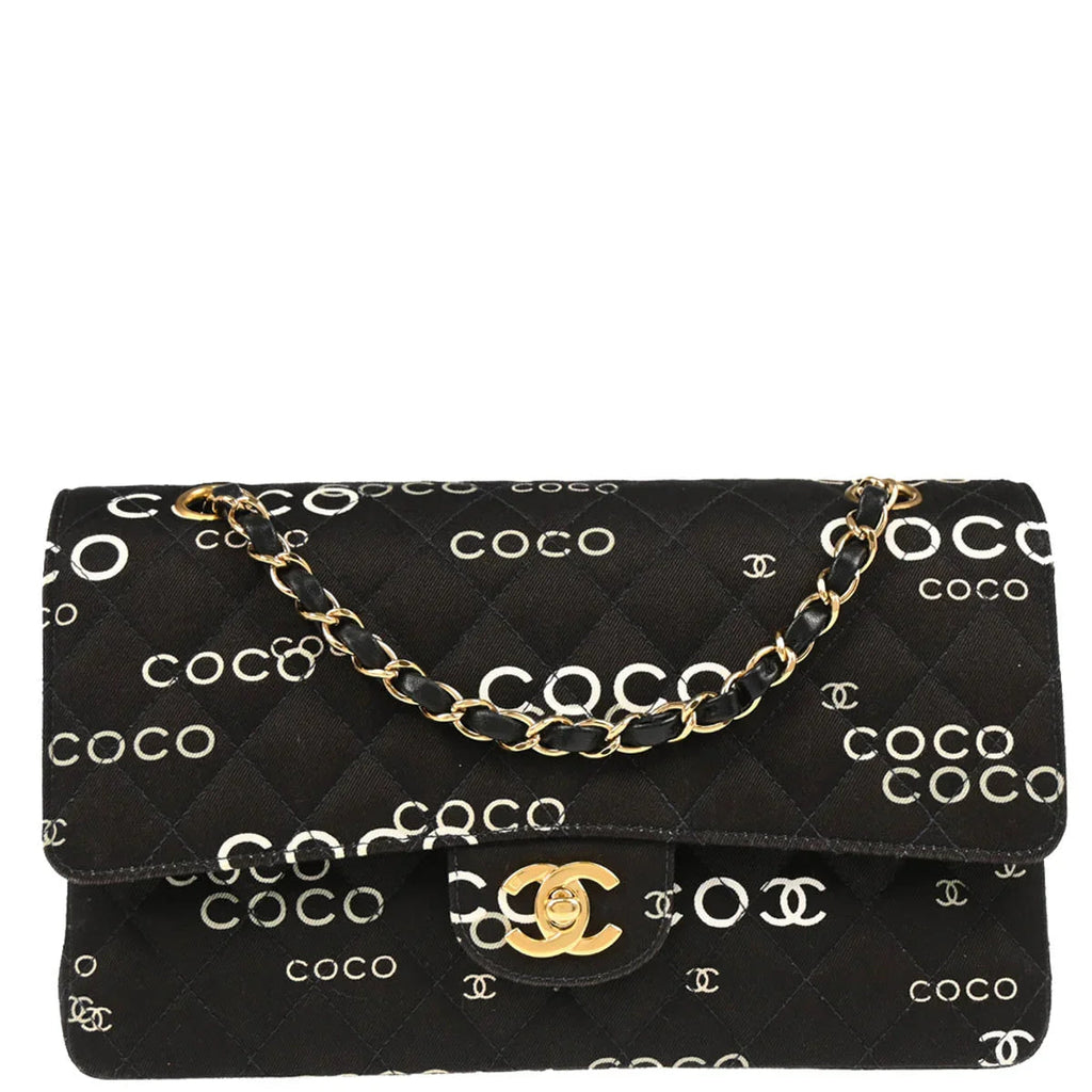 Chanel 2001-2003 Black Canvas COCO Medium Classic Double Flap Shoulder Bag