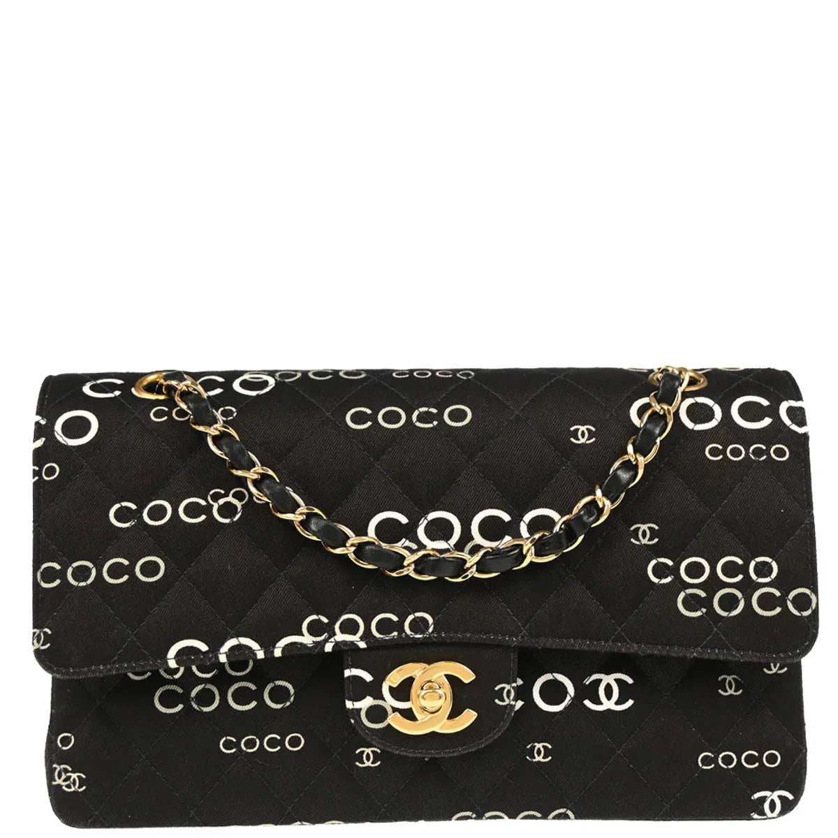 Chanel 2001-2003 Black Canvas COCO Medium Classic Double Flap Shoulder Bag