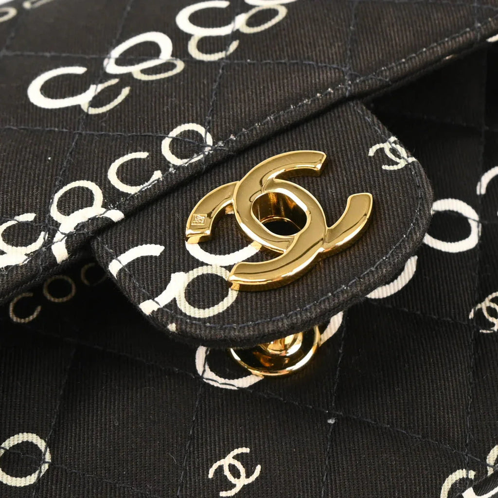 Chanel 2001-2003 Black Canvas COCO Medium Classic Double Flap Shoulder Bag