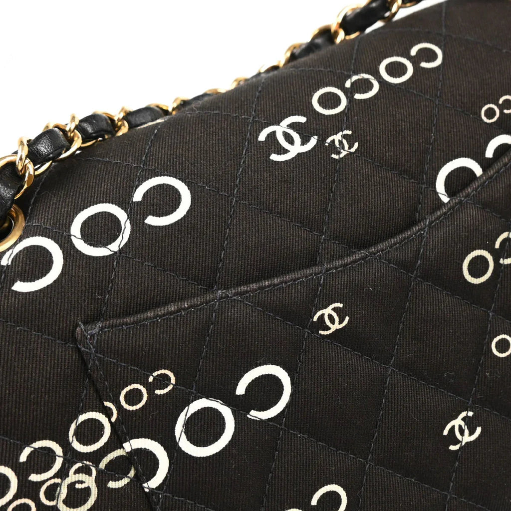 Chanel 2001-2003 Black Canvas COCO Medium Classic Double Flap Shoulder Bag