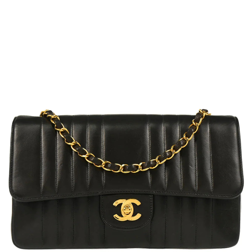 Chanel 1991-1994 Black Lambskin Vertical Stitch Single Flap Shoulder Bag