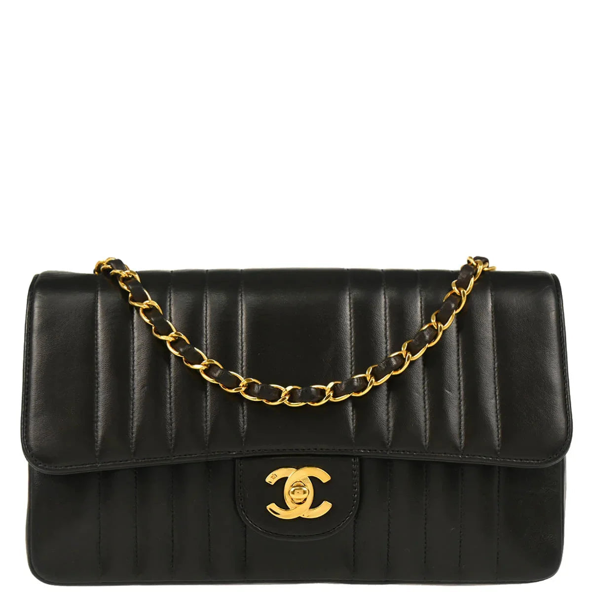 Chanel 1991-1994 Black Lambskin Vertical Stitch Single Flap Shoulder Bag