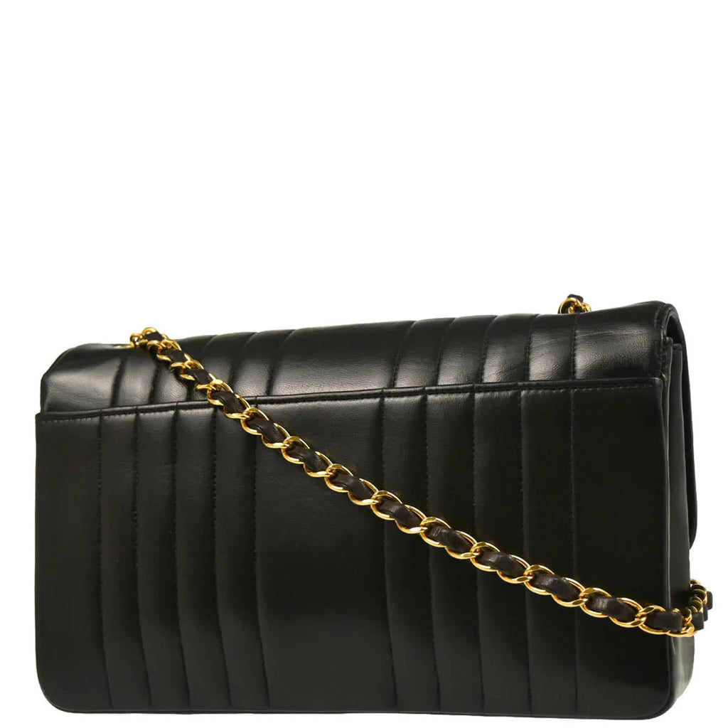 Chanel 1991-1994 Black Lambskin Vertical Stitch Single Flap Shoulder Bag