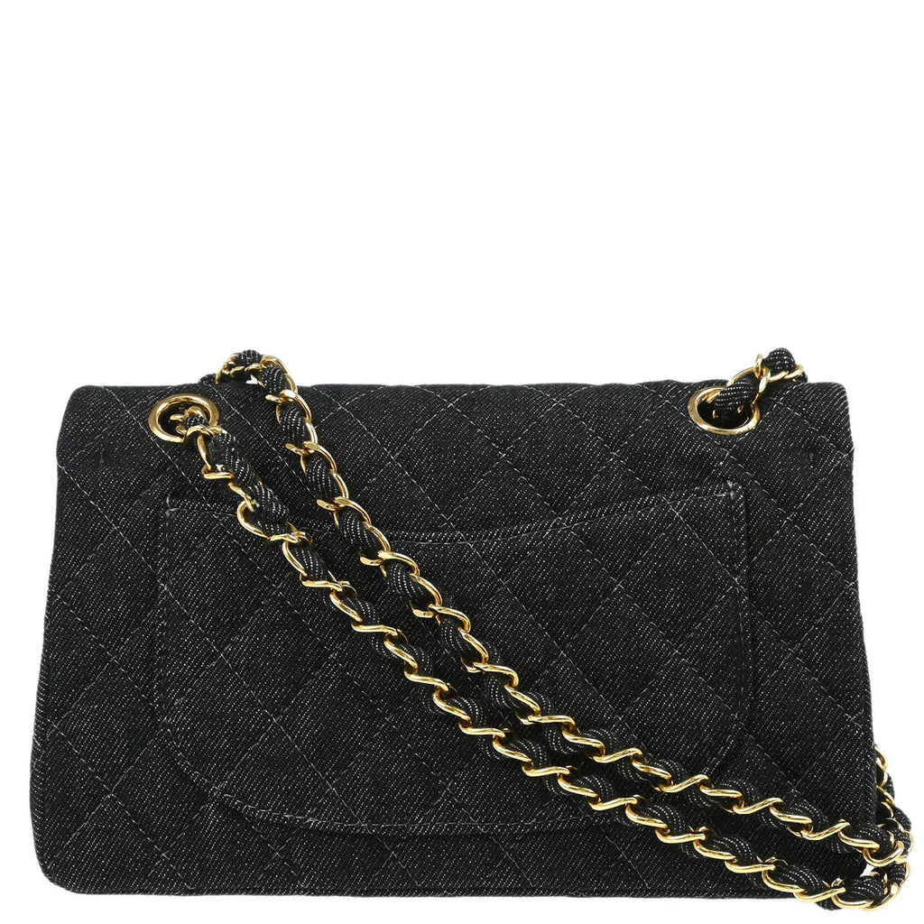 Chanel 1997-1999 Black Denim Small Classic Double Flap Shoulder Bag