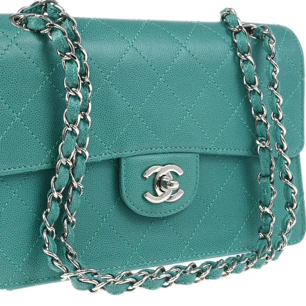 Chanel 1997-1999 Turquoise Caviar Single Flap Shoulder Bag