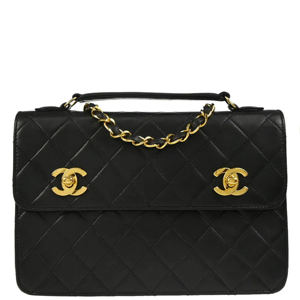 Chanel 1989-1991 Black Lambskin Double Turnlock Shoulder Bag
