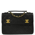 Chanel 1989-1991 Black Lambskin Double Turnlock Shoulder Bag